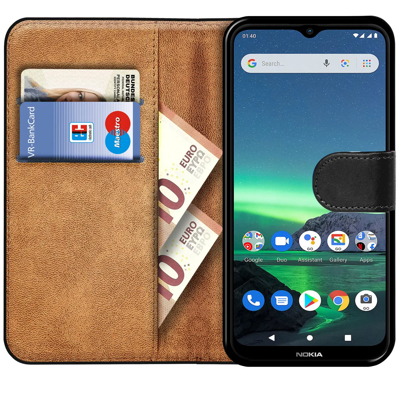 Braune Kunstleder-Klapphülle mit Kartenfächern, zeigt Nokia 1.4, von vorne