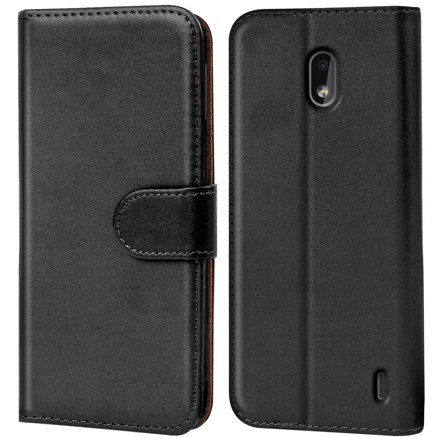 Schwarze Leder-Klapphülle mit Kartenfächern, Vorder- und Rückansicht, für Nokia 2.2.
