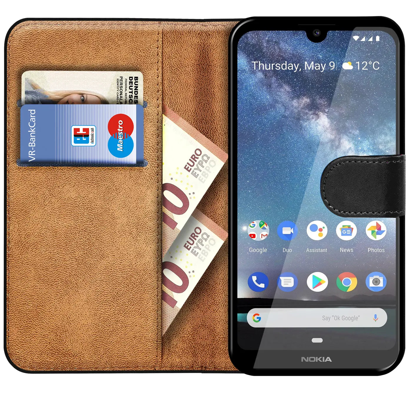 Braun lederne Klapphülle mit Kartenfächern und Geldscheinen, zeigt Nokia 2.2.