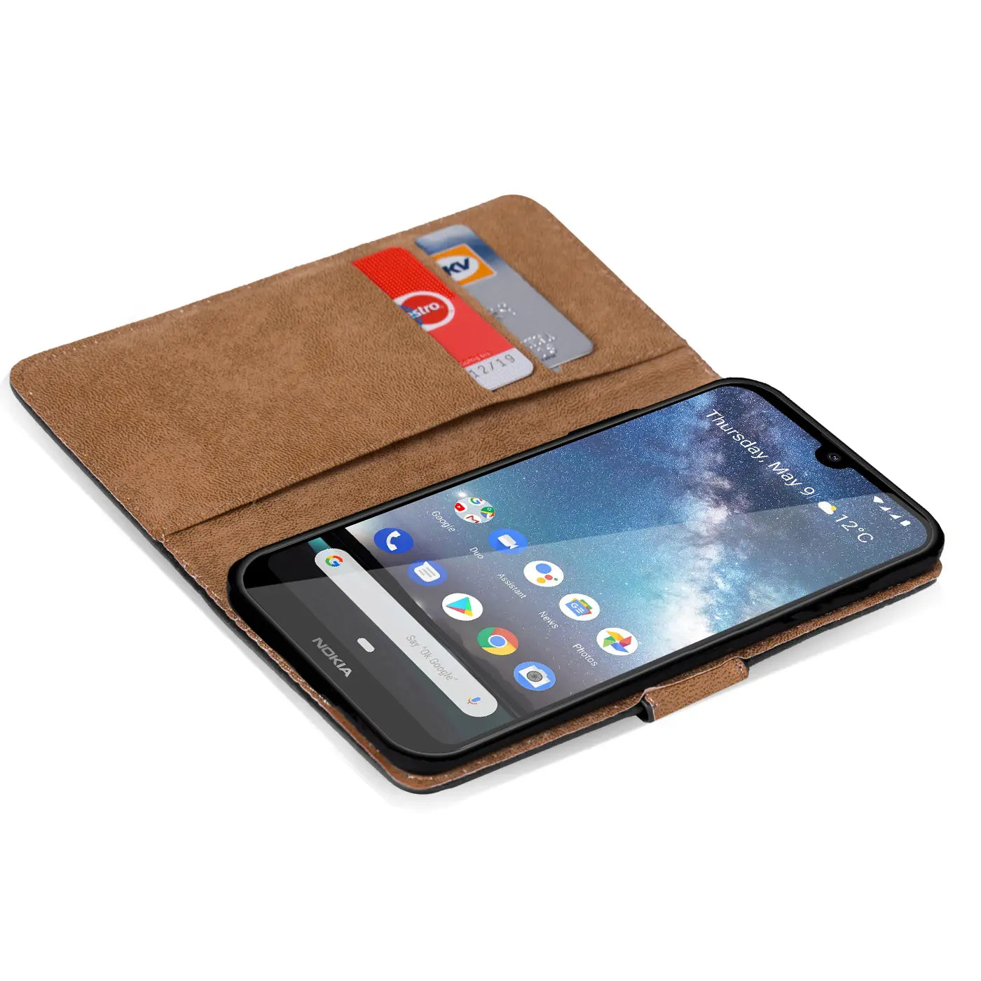 Braune Klapphülle aus Lederimitat mit Kartenfächern, zeigt ein Nokia 2.2, von oben links.