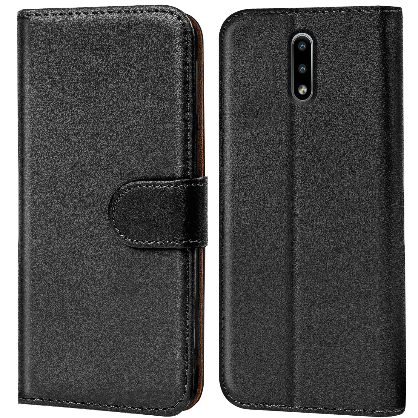 Schwarze Leder-Klapphülle mit Kartenfächern für Nokia 2.3, Vorder- und Rückansicht.