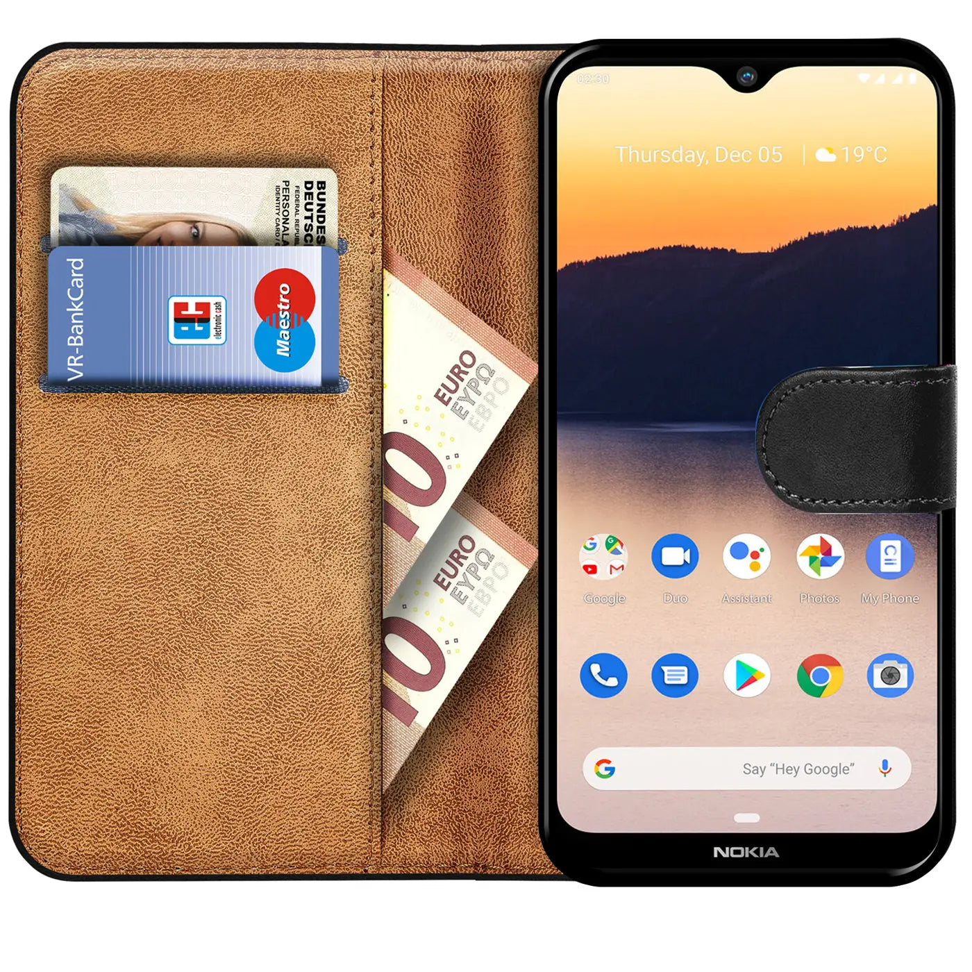 Braune Klapphülle aus Lederimitat mit Kartenfächern und Geldscheinfach, zeigt Nokia 2.3.