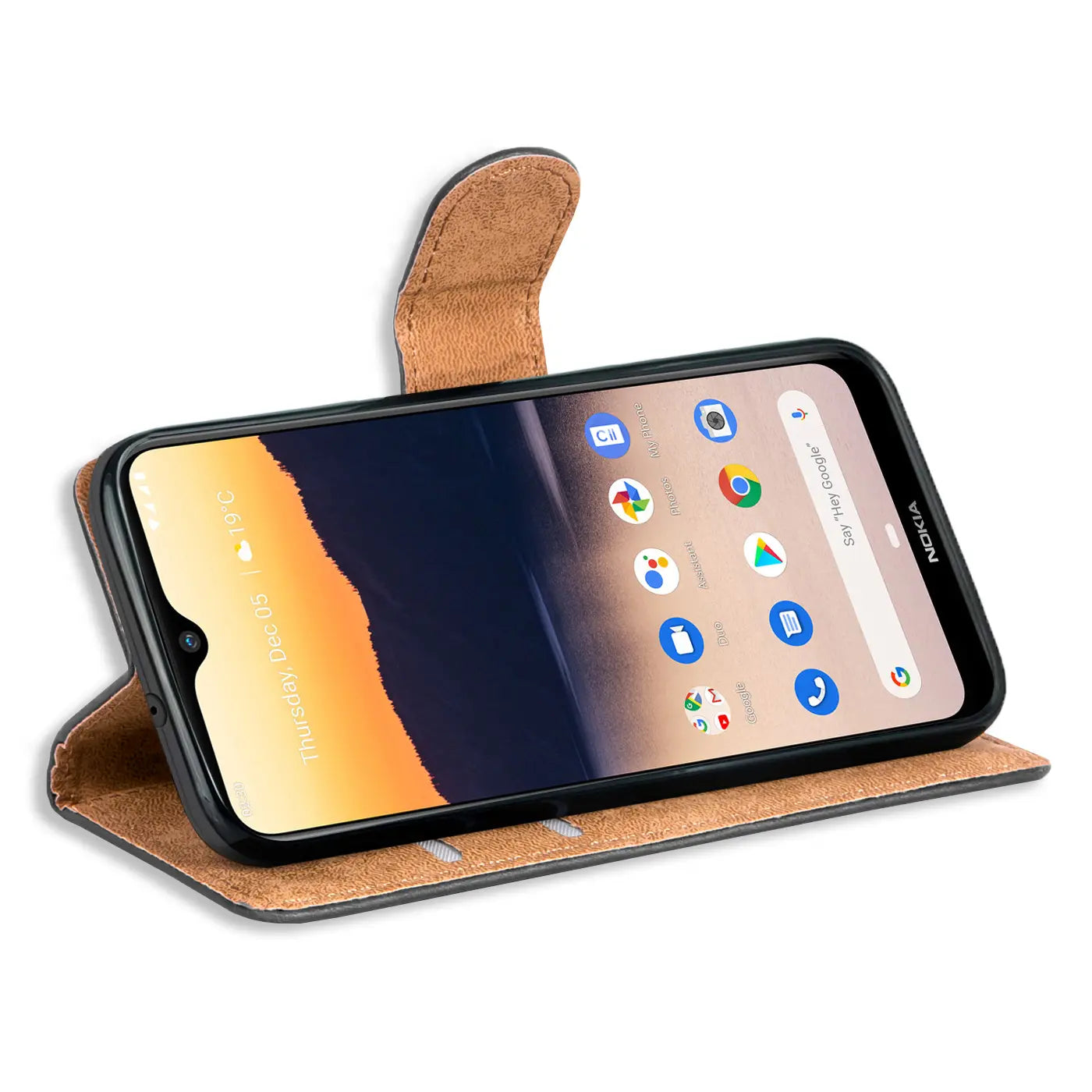 Braune Kunstleder-Klapphülle mit Kartenfächern für Nokia 2.3, von vorne.