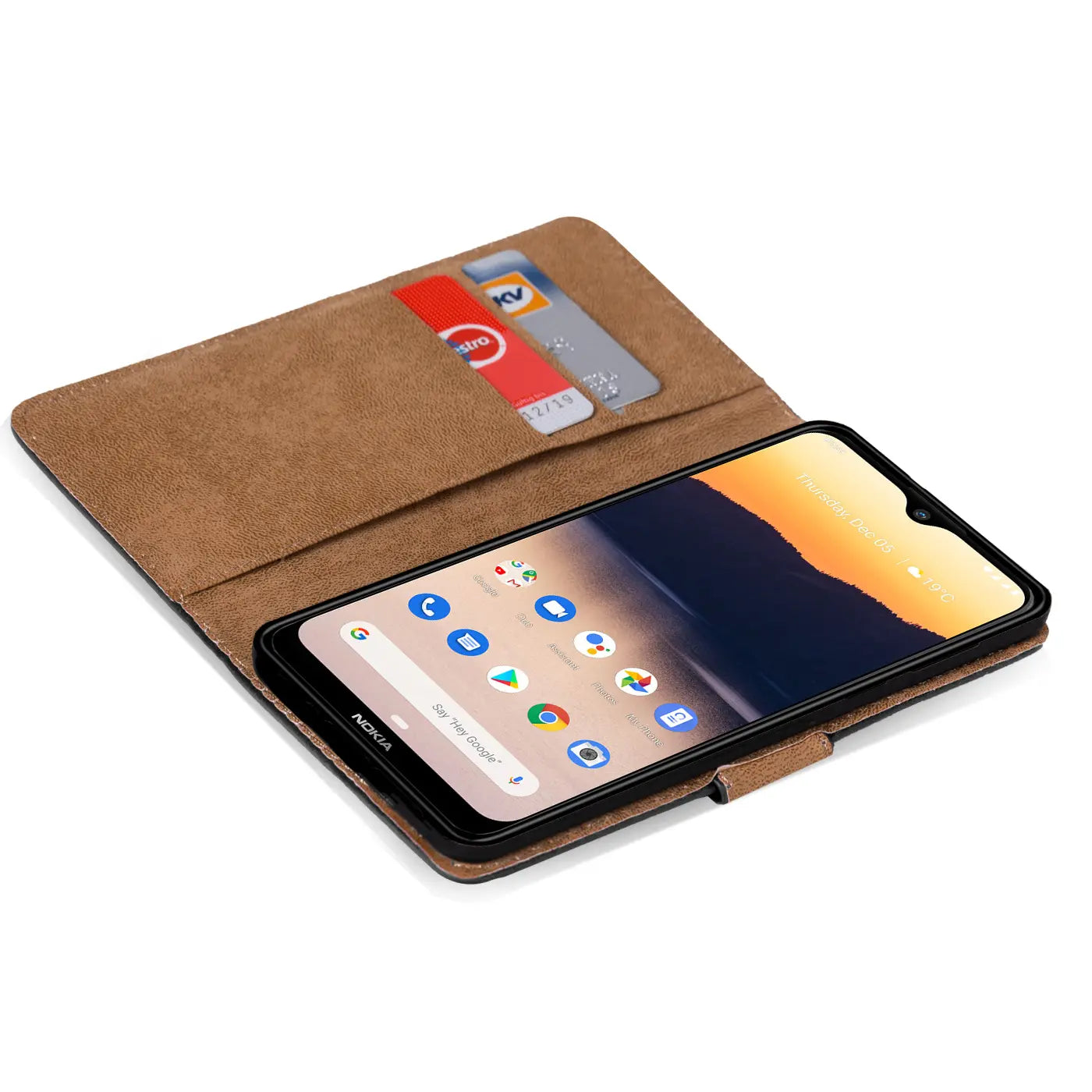 Braune Klapphülle aus Leder mit Kartenfächern, zeigt ein Nokia 2.3 Smartphone.