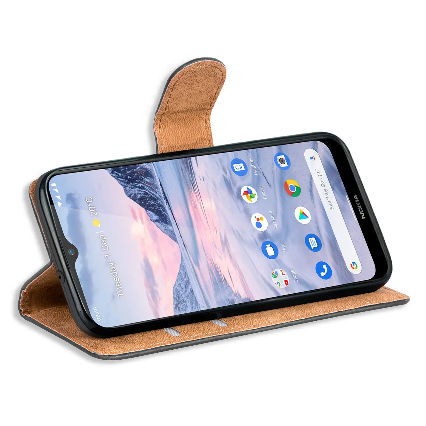 Braune Kunstleder-Klapphülle mit Kartenfächern, seitliche Ansicht, zeigt Nokia 2.4.