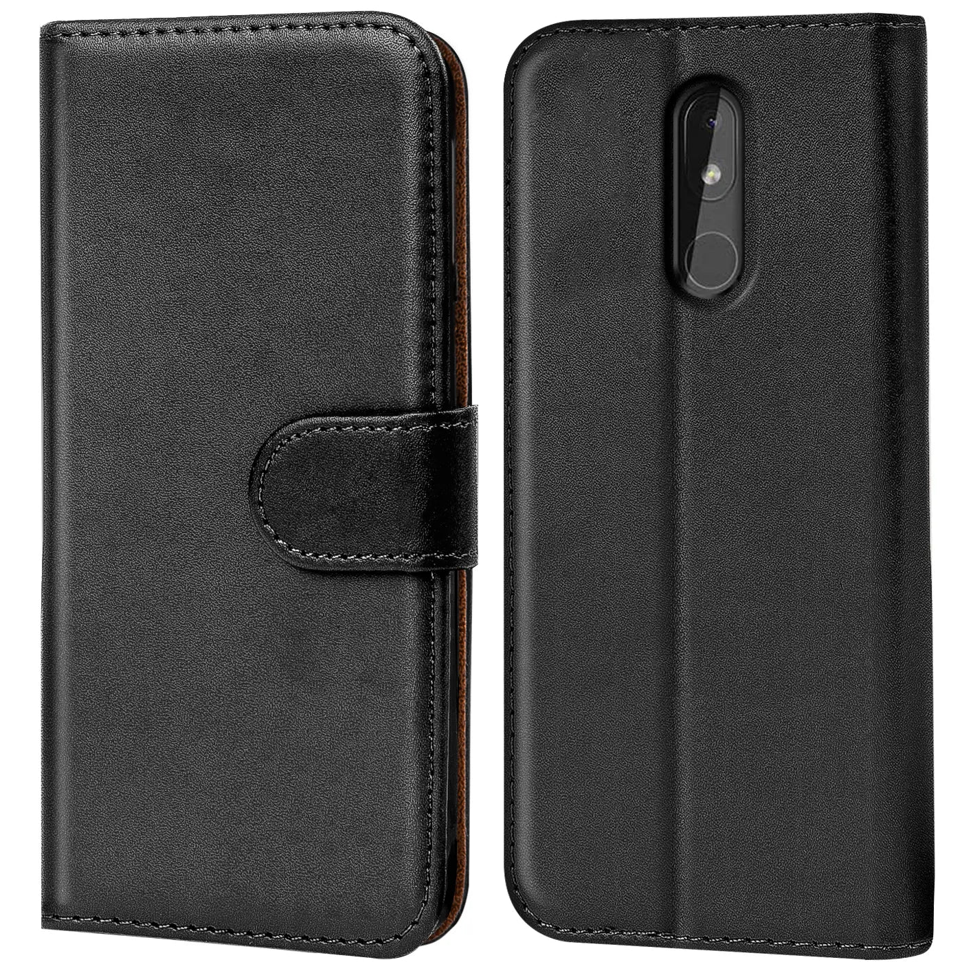Schwarze Leder-Klapphülle mit Kartenfächern, Vorder- und Rückansicht, für Nokia 3.2.