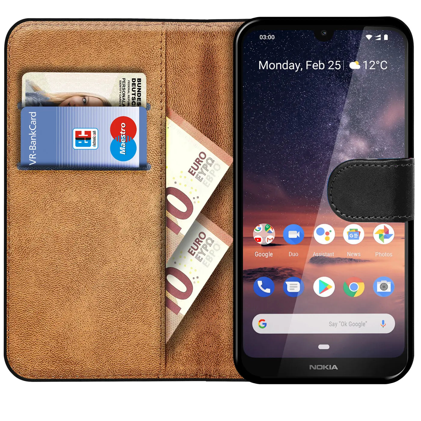 Braune Klapphülle aus Leder mit Kartenfächern und Geldscheinfach, zeigt Nokia 3.2.