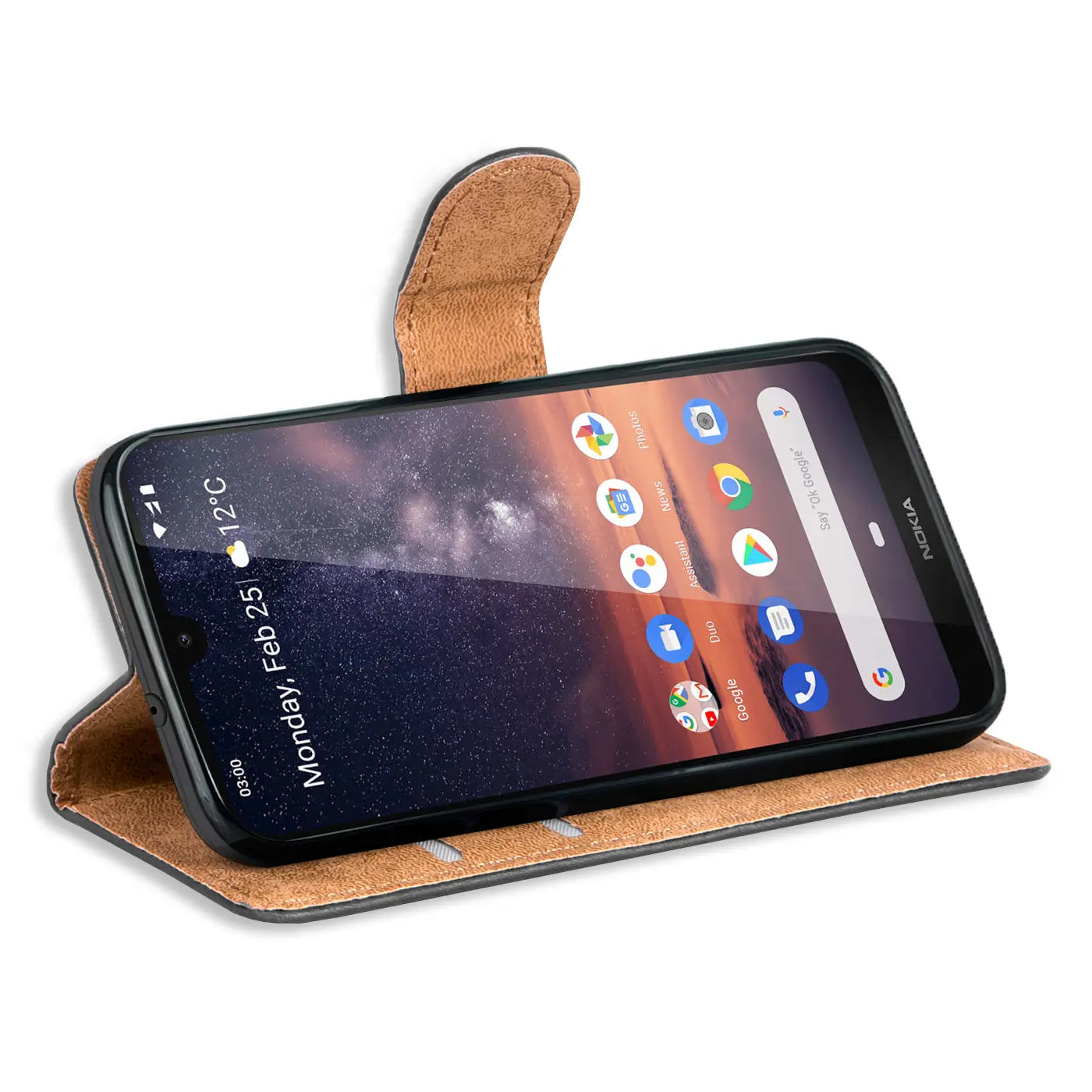 Braune Leder-Klapphülle mit Kartenfächern, seitliche Ansicht, Nokia 3.2.