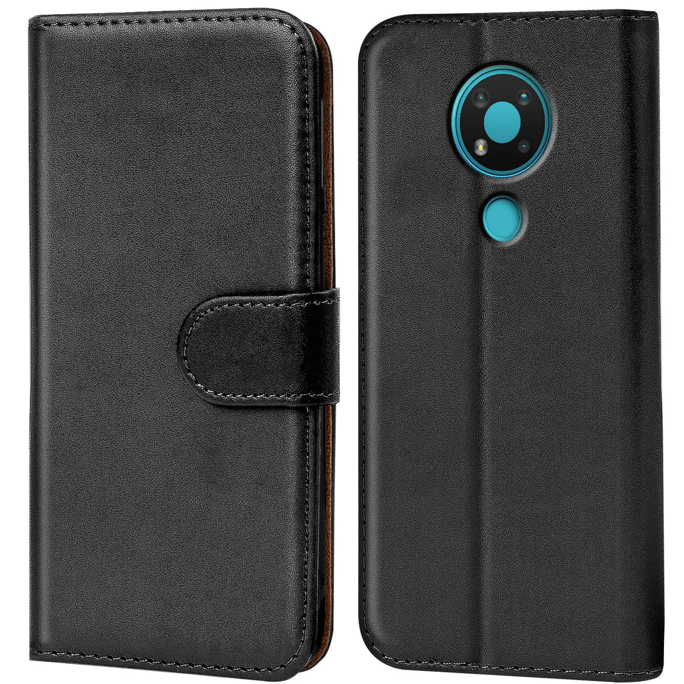 Schwarze Leder-Klapphülle mit Kartenfächern, Vorder- und Rückansicht, zeigt Nokia 3.4