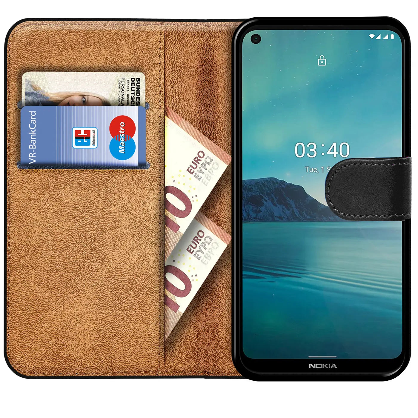 Braune Kunstleder-Klapphülle mit Kartenfächern, zeigt Nokia 3.4, von vorne