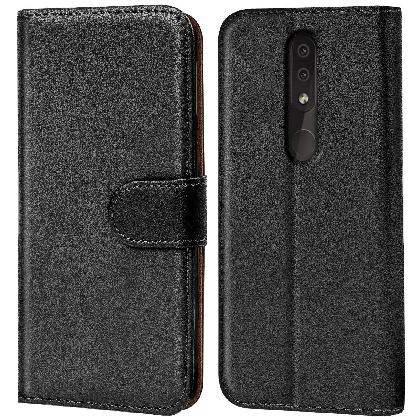 Schwarze Leder-Klapphülle mit Kartenfächern und Nokia 4.2, Vorder- und Rückansicht.