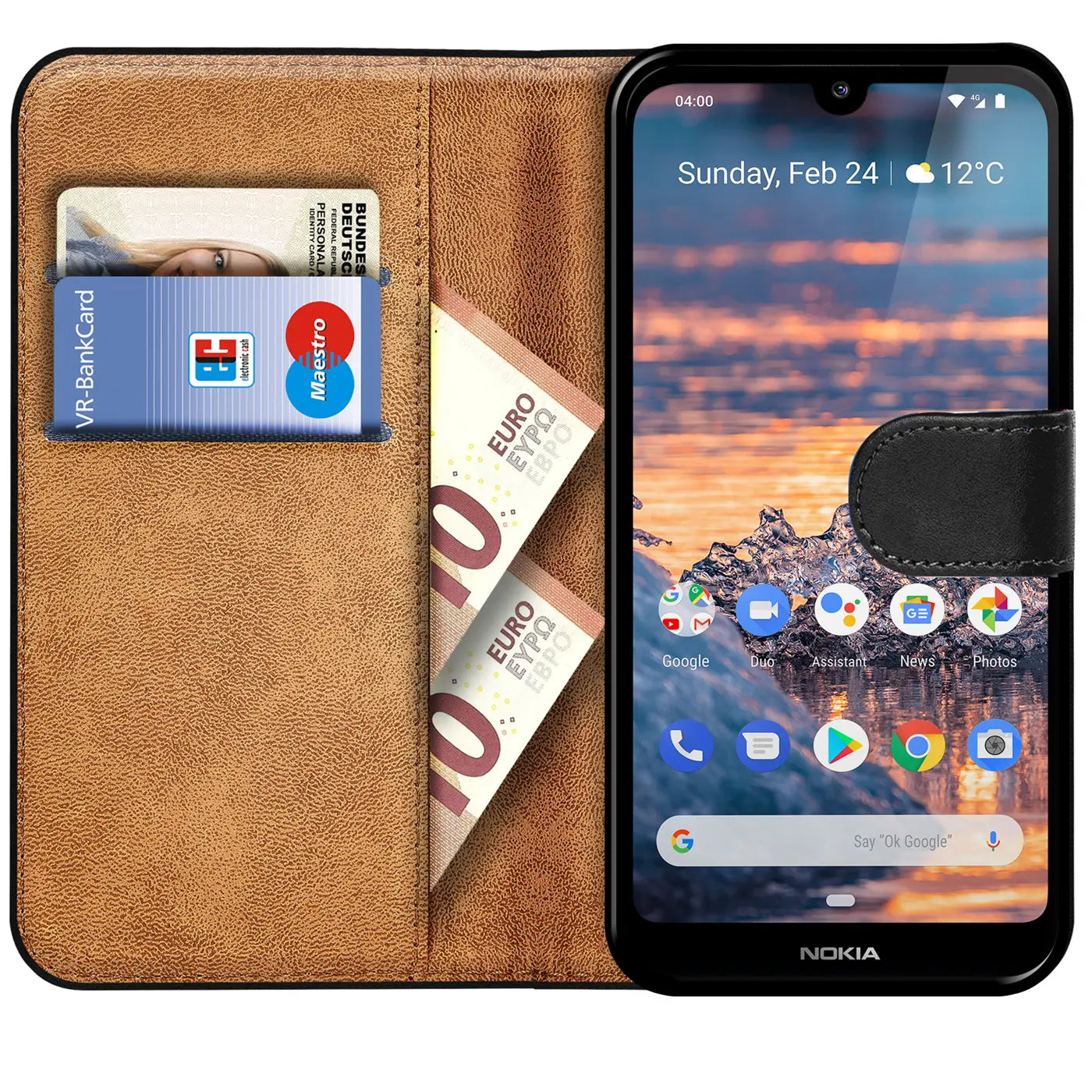 Braune Kunstleder-Klapphülle mit Kartenfächern und Nokia 4.2 Smartphone.