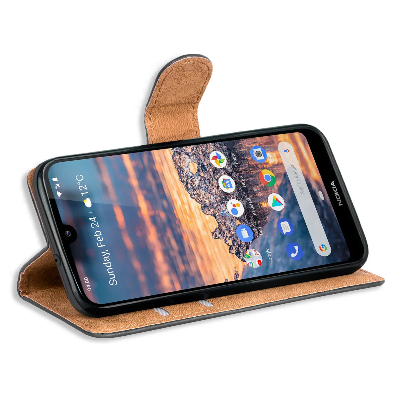Braune Kunstleder-Klapphülle mit Kartenfächern für Nokia 4.2, von vorne schräg gezeigt.