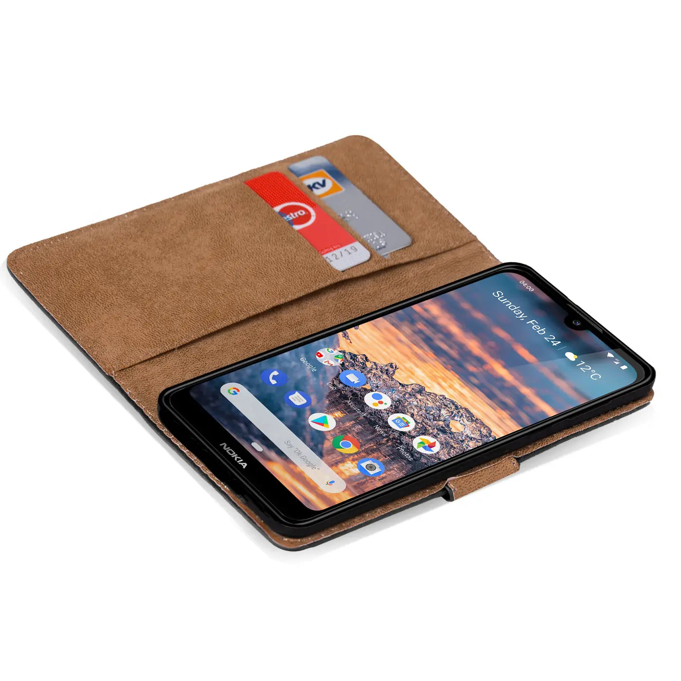 Braune Kunstleder-Klapphülle mit Kartenfächern, zeigt Nokia 4.2, von oben schräg