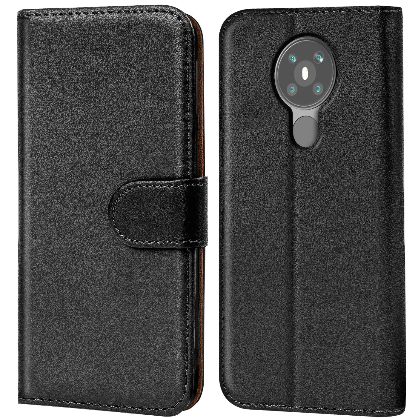 Schwarze Leder-Klapphülle mit Kartenfächern, Vorder- und Rückansicht eines Nokia 5.3.
