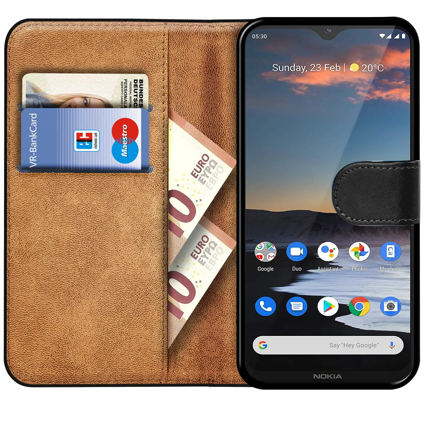 Braune Klapphülle aus Leder mit Kartenfächern, zeigt ein Nokia 5.3.