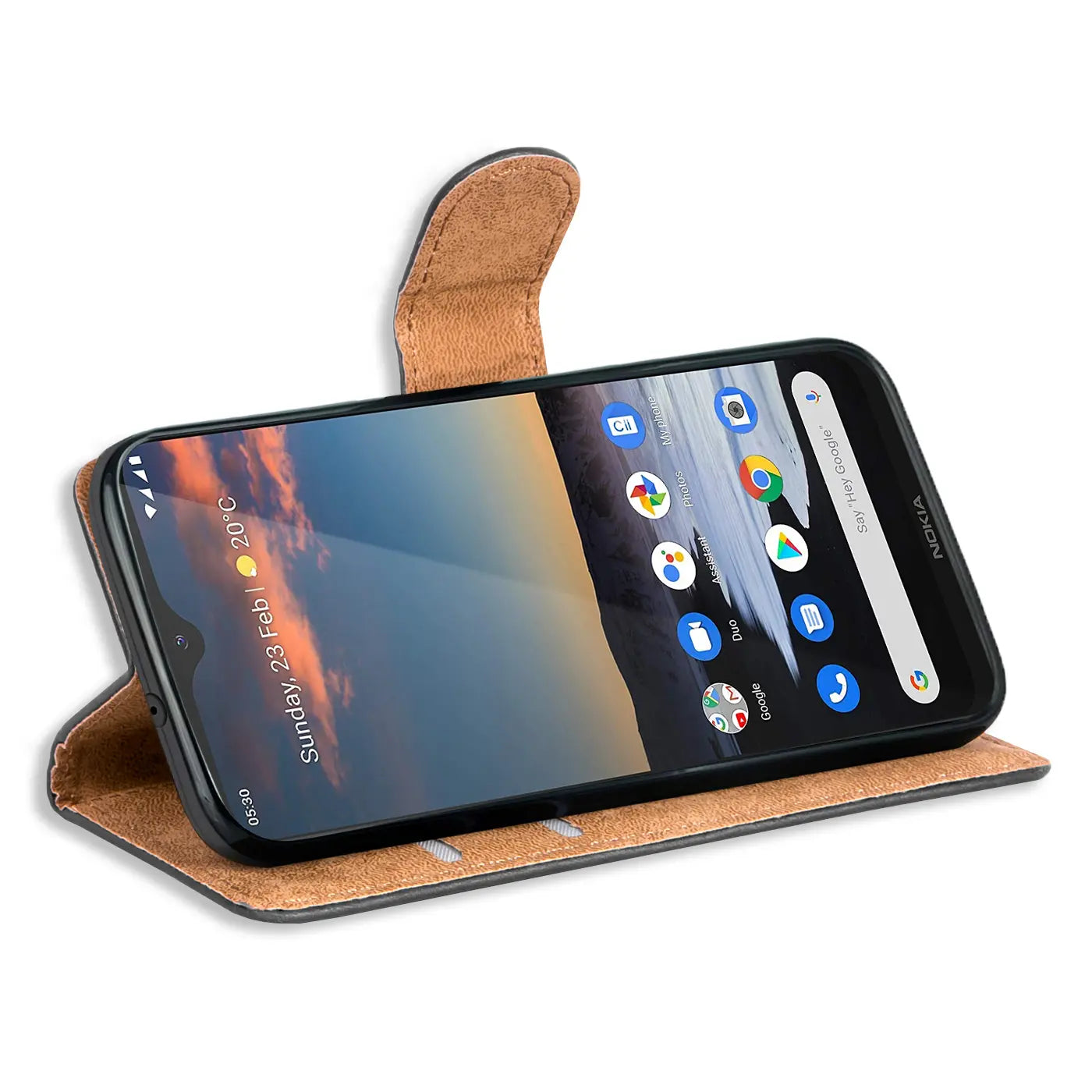 Braune Kunstleder-Klapphülle mit Kartenfächern, zeigt Nokia 5.3 von vorne, leicht schräg