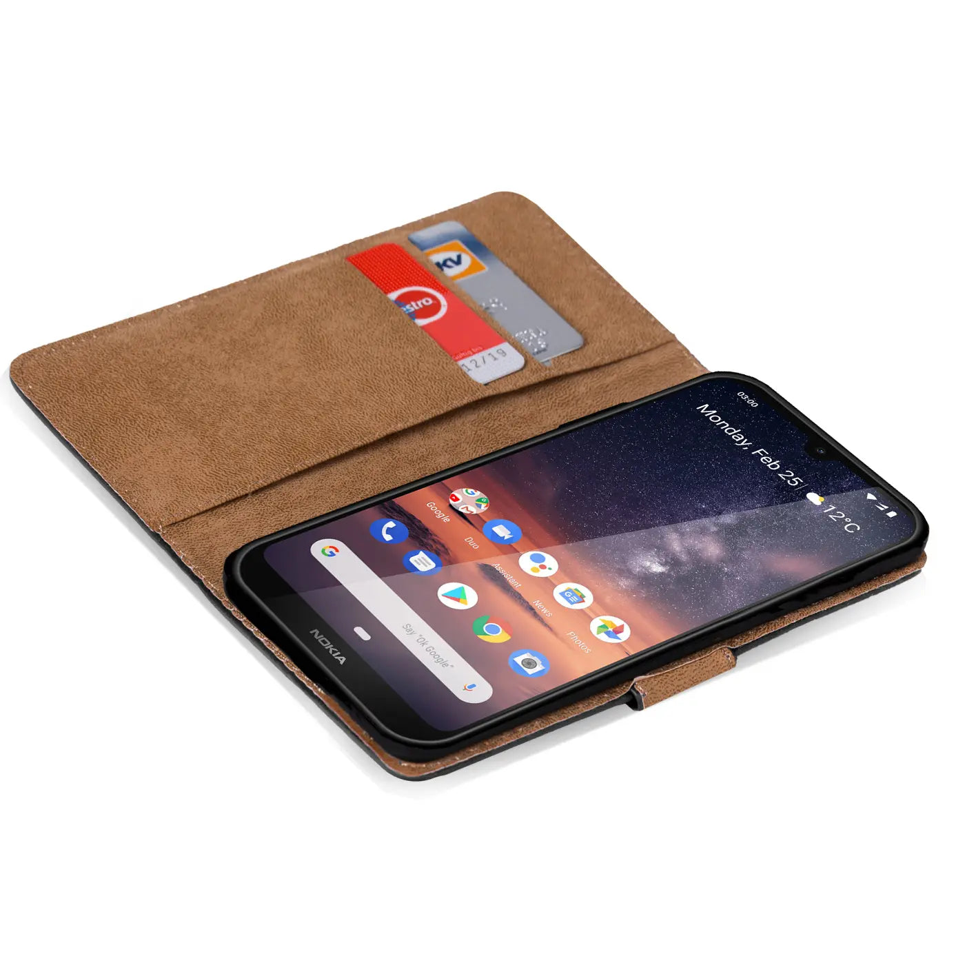 Braune Kunstleder-Klapphülle mit Kartenfächern, zeigt Nokia 5.3, von oben schräg.