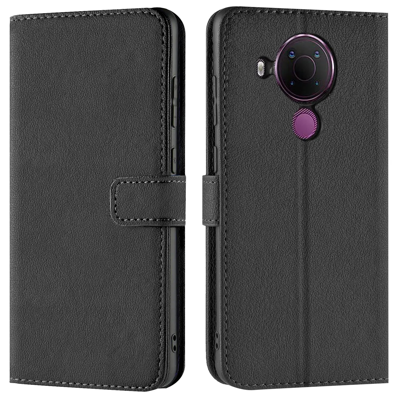 Schwarze Leder-Klapphülle mit Kartenfächern, Vorder- und Rückansicht, Nokia 5.4 erkennbar.