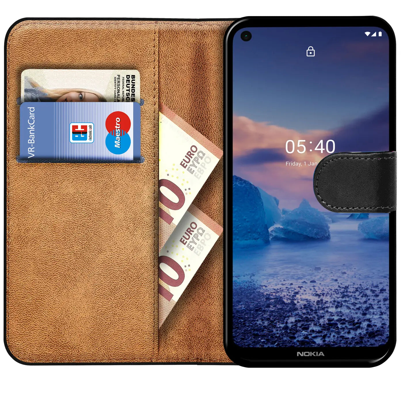 Braune Klapphülle aus Lederimitat mit Kartenfächern und Nokia 5.4.