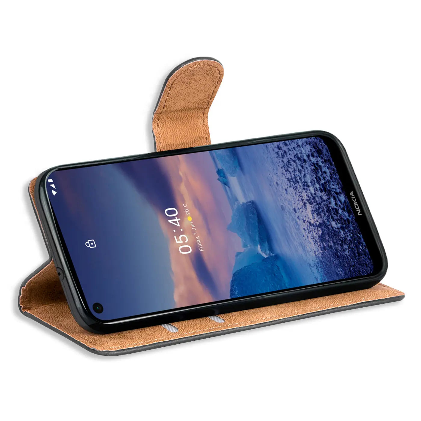 Braune Kunstleder-Klapphülle mit Kartenfächern, schräg von vorne, zeigt Nokia 5.4.