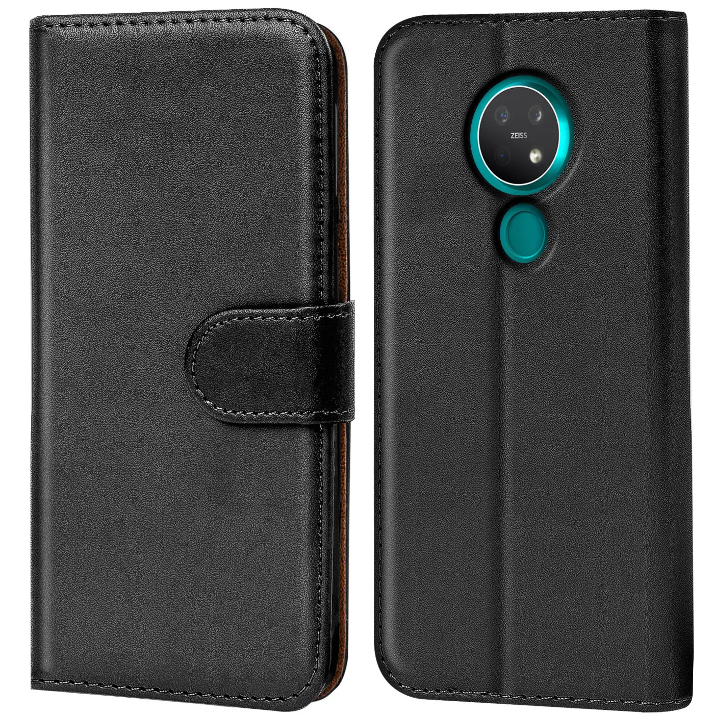 Schwarze Leder-Klapphülle mit Kartenfächern, Vorder- und Rückansicht, Nokia 7.2 / 6.2 erkennbar