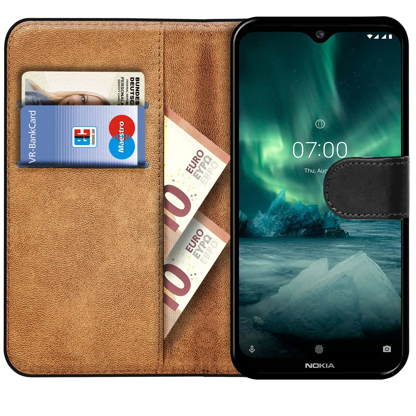 Braune Klapphülle aus Lederimitat mit Kartenfächern und Geldscheinfach, zeigt Nokia 7.2/6.2.