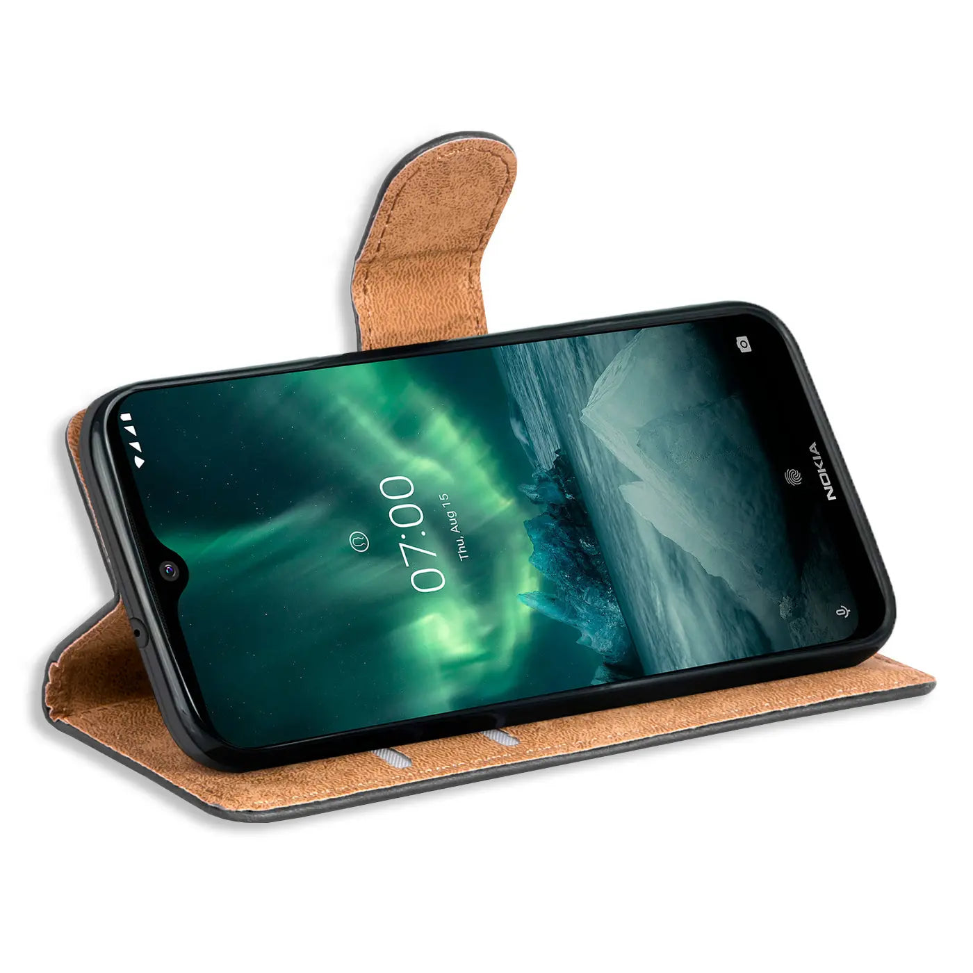 Braune Leder-Klapphülle mit Kartenfächern, zeigt Nokia 7.2/6.2 von vorne.