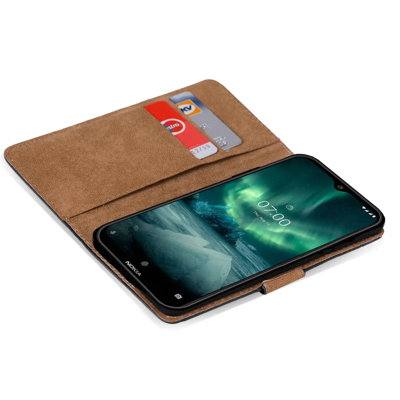 Braune Klapphülle aus Lederimitat mit Kartenfächern, zeigt ein Nokia 7.2/6.2 von vorne.