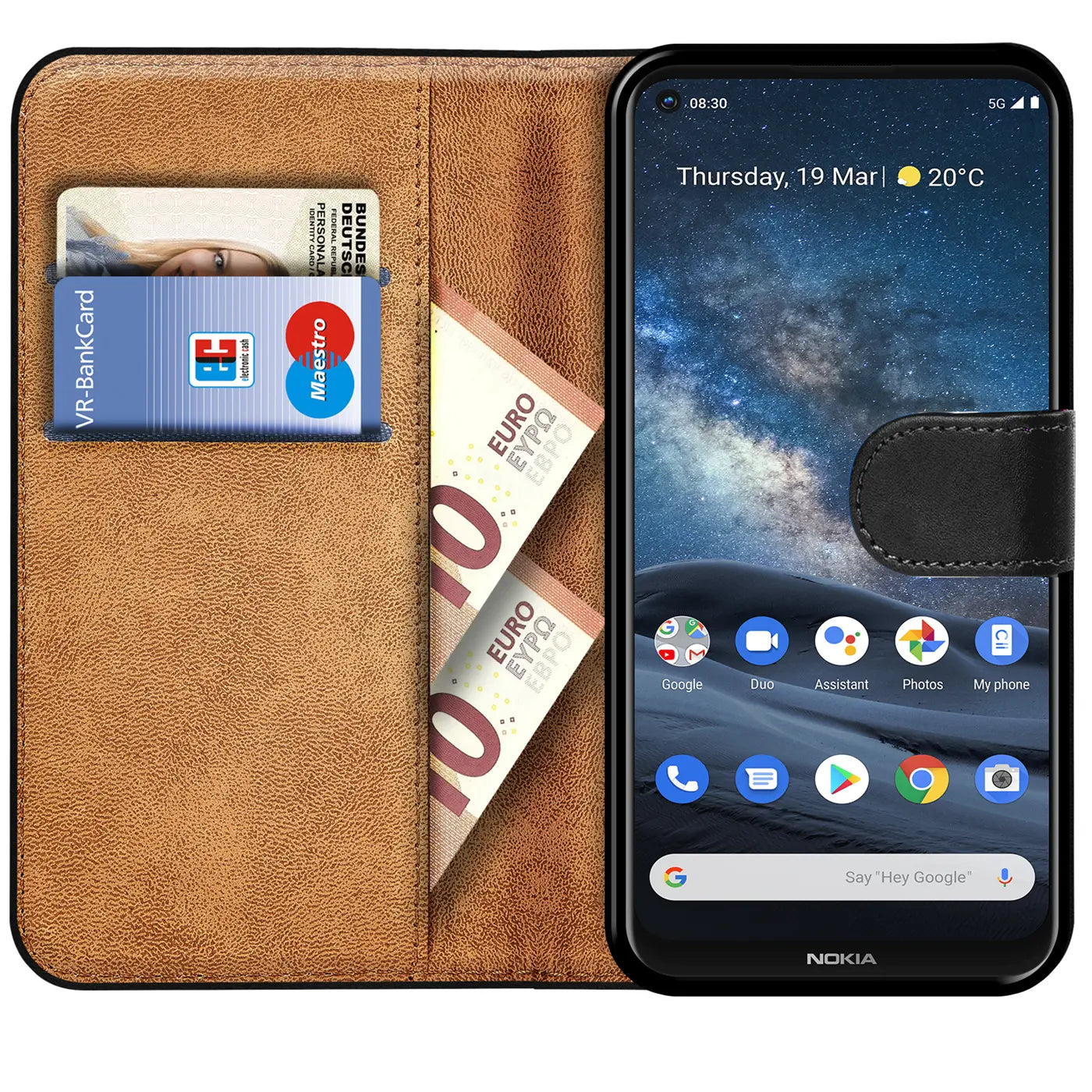 Braune Leder-Klapphülle mit Kartenfächern und Geldscheinen, zeigt ein Nokia 8.3 5G.
