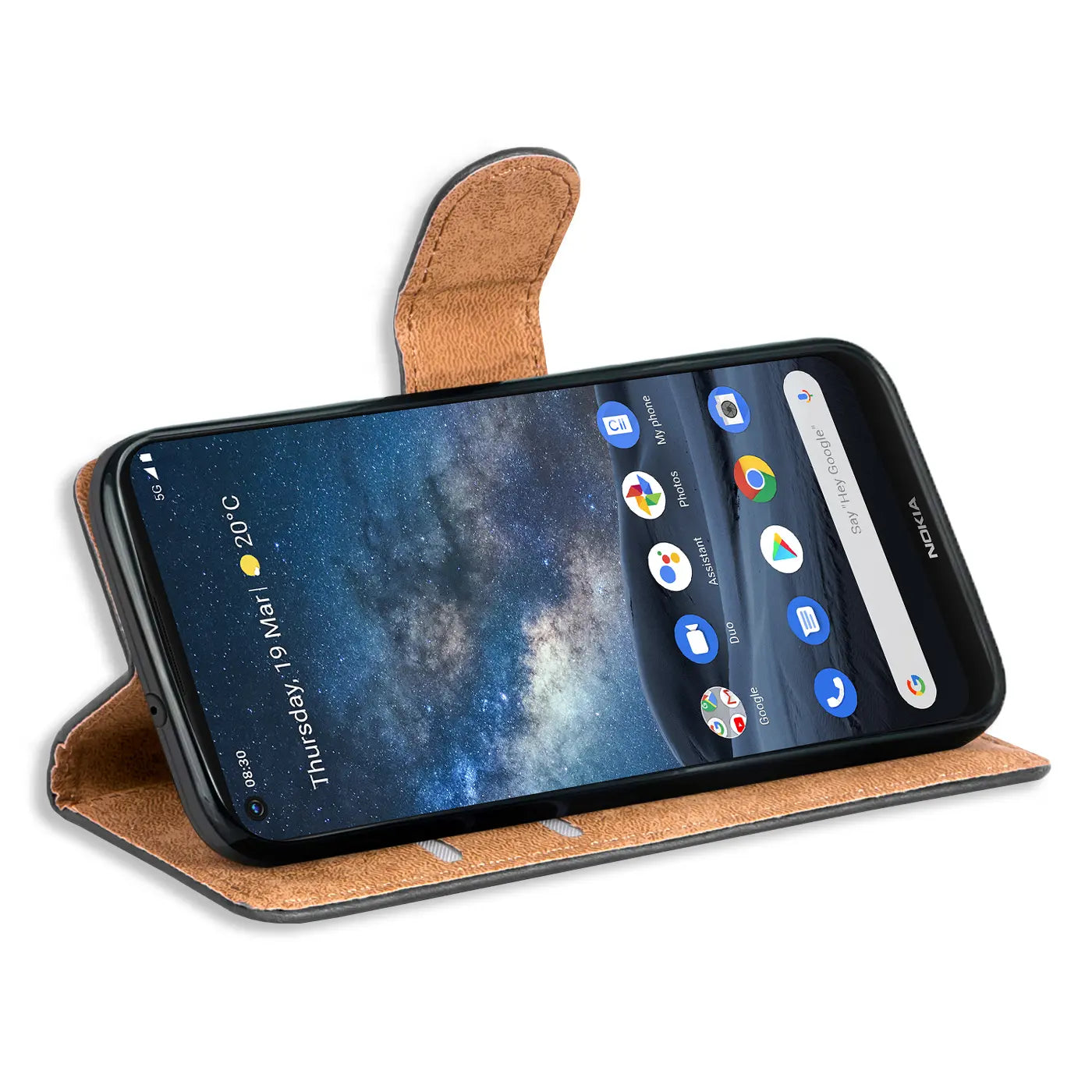 Braune Kunstleder-Klapphülle mit Kartenfächern für Nokia 8.3 5G, von vorne schräg gezeigt.