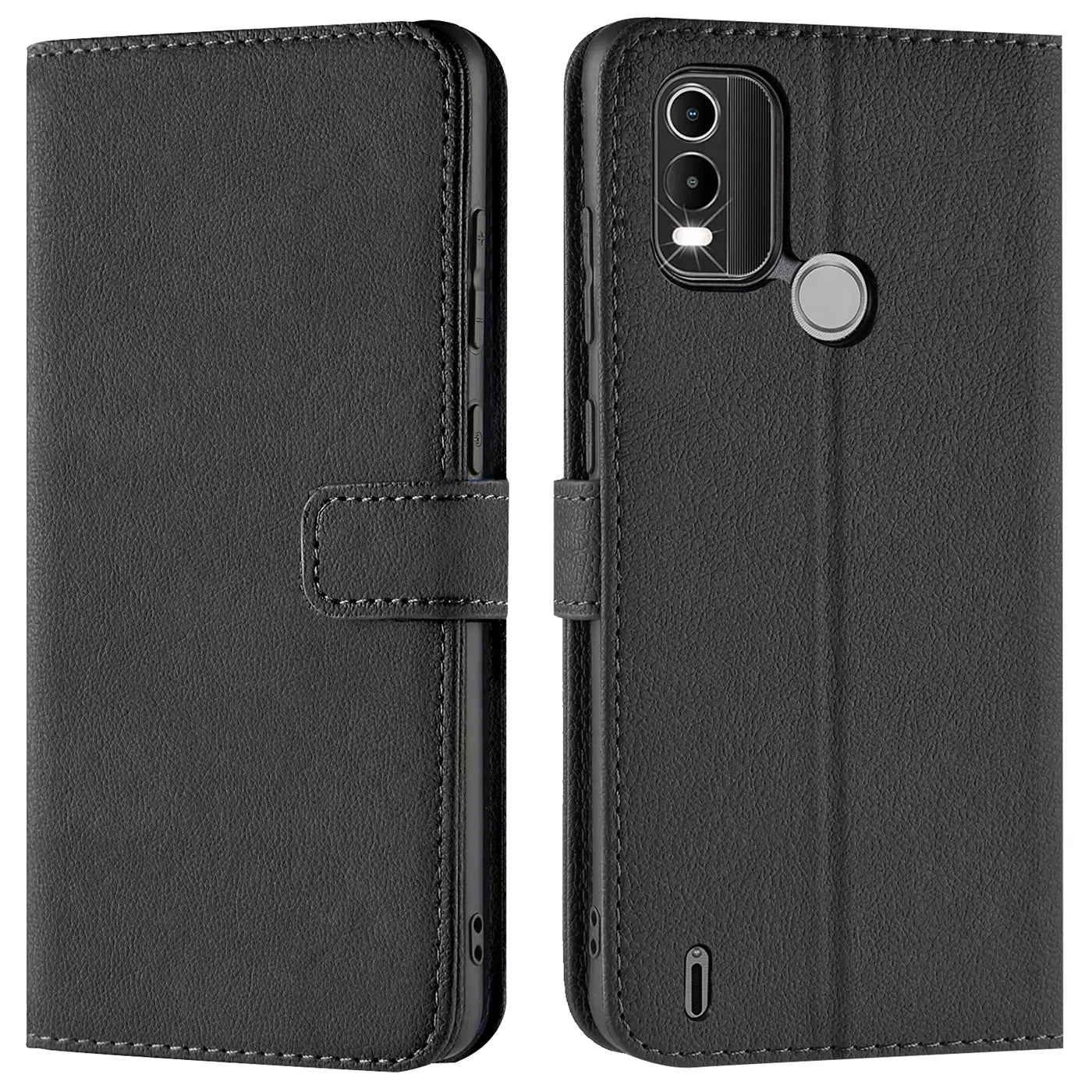 Schwarze Leder-Klapphülle mit Kartenfächern, Vorder- und Rückansicht, für Nokia C21 Plus.