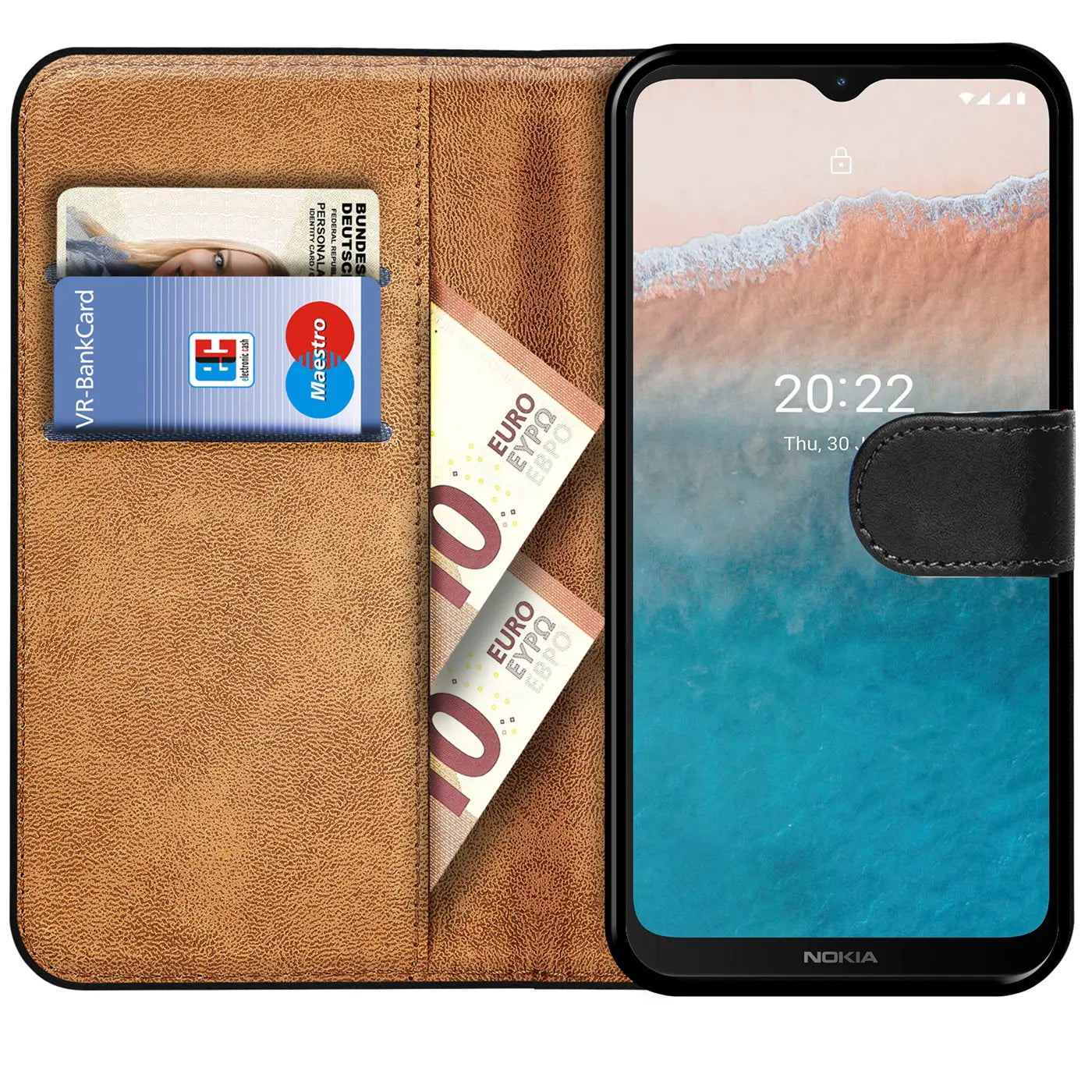 Braune Kunstleder-Klapphülle mit Kartenfächern, zeigt Nokia C21 Plus.