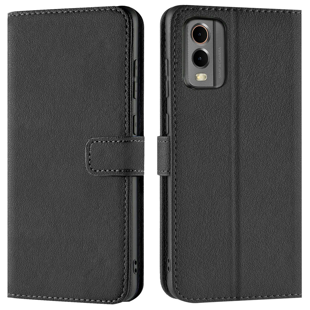 Schwarze Leder-Klapphülle mit Kartenfächern, Vorder- und Rückansicht, mit Nokia C32
