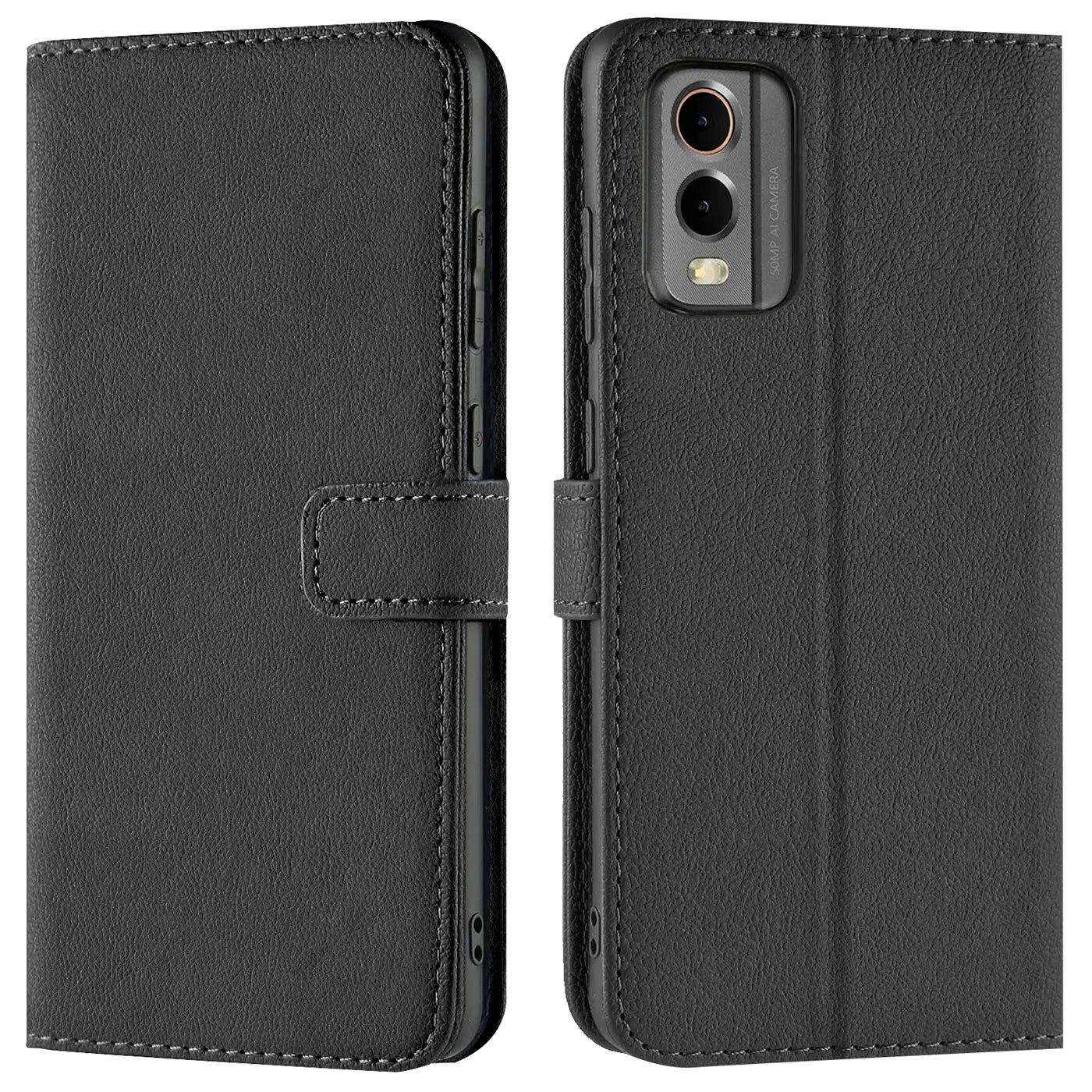 Schwarze Leder-Klapphülle mit Kartenfächern, Vorder- und Rückansicht, mit Nokia C32