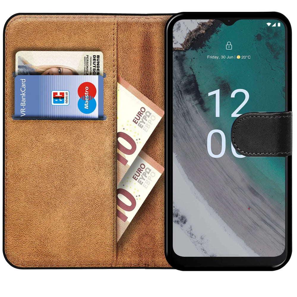 Braune Kunstleder-Klapphülle mit Kartenfächern und Geldscheinen, zeigt Nokia C32 von vorne.