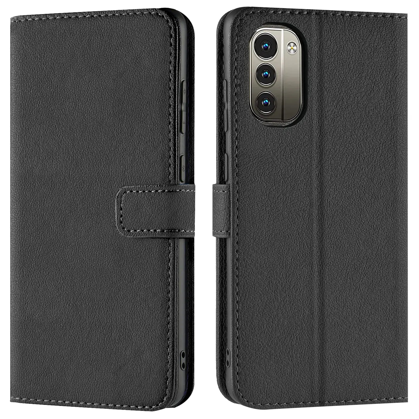 Schwarze Leder-Klapphülle mit Kartenfächern, Vorder- und Rückansicht, für Nokia G11/G21.