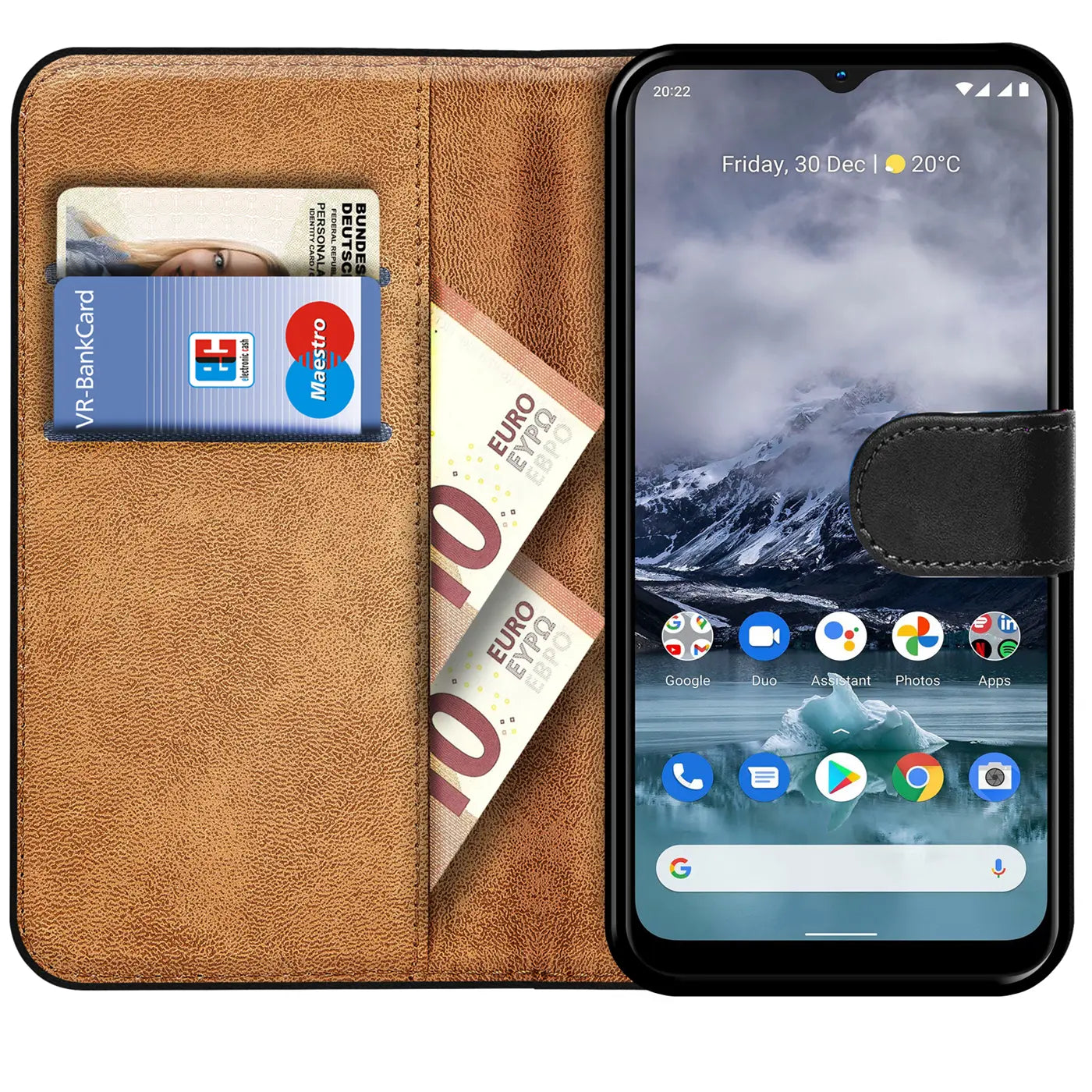 Braune Kunstleder-Klapphülle mit Kartenfächern und einem Nokia G11/G21 Smartphone.