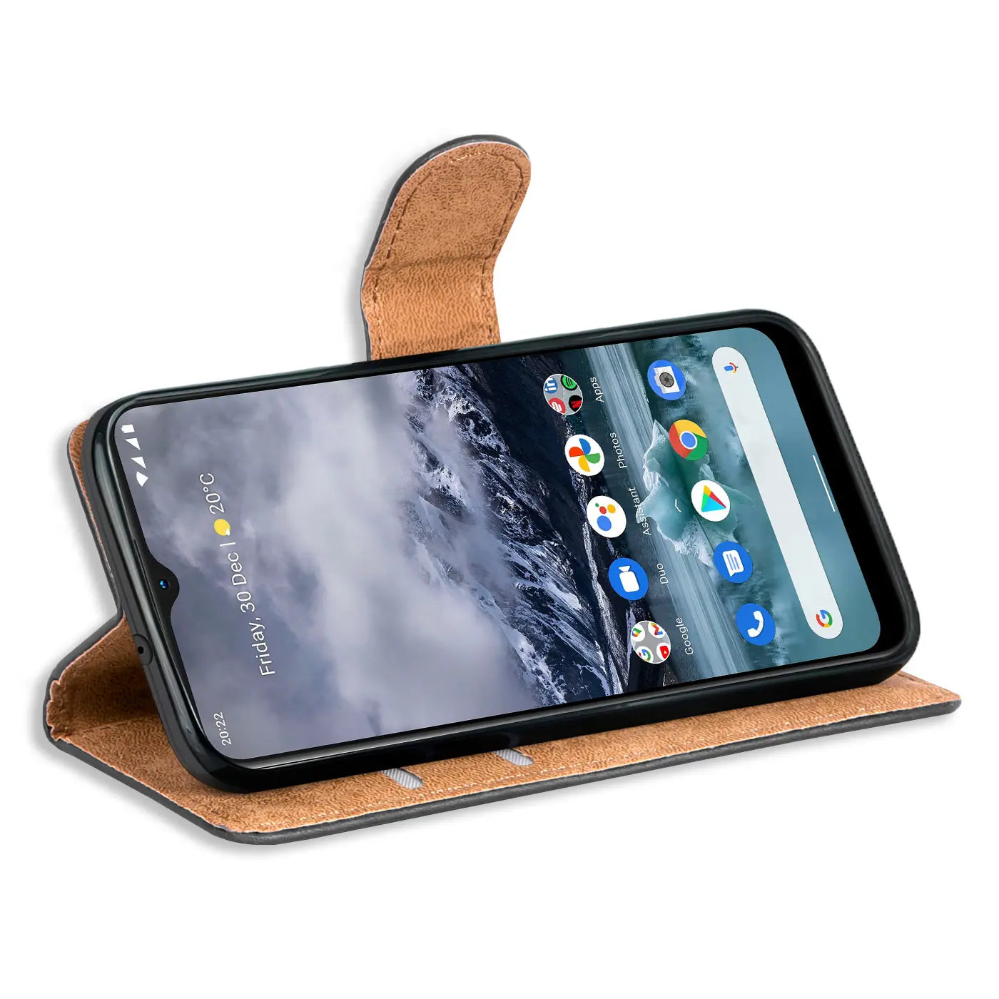 Braune Kunstleder-Klapphülle mit Kartenfächern, zeigt Nokia G11/G21 von vorne.