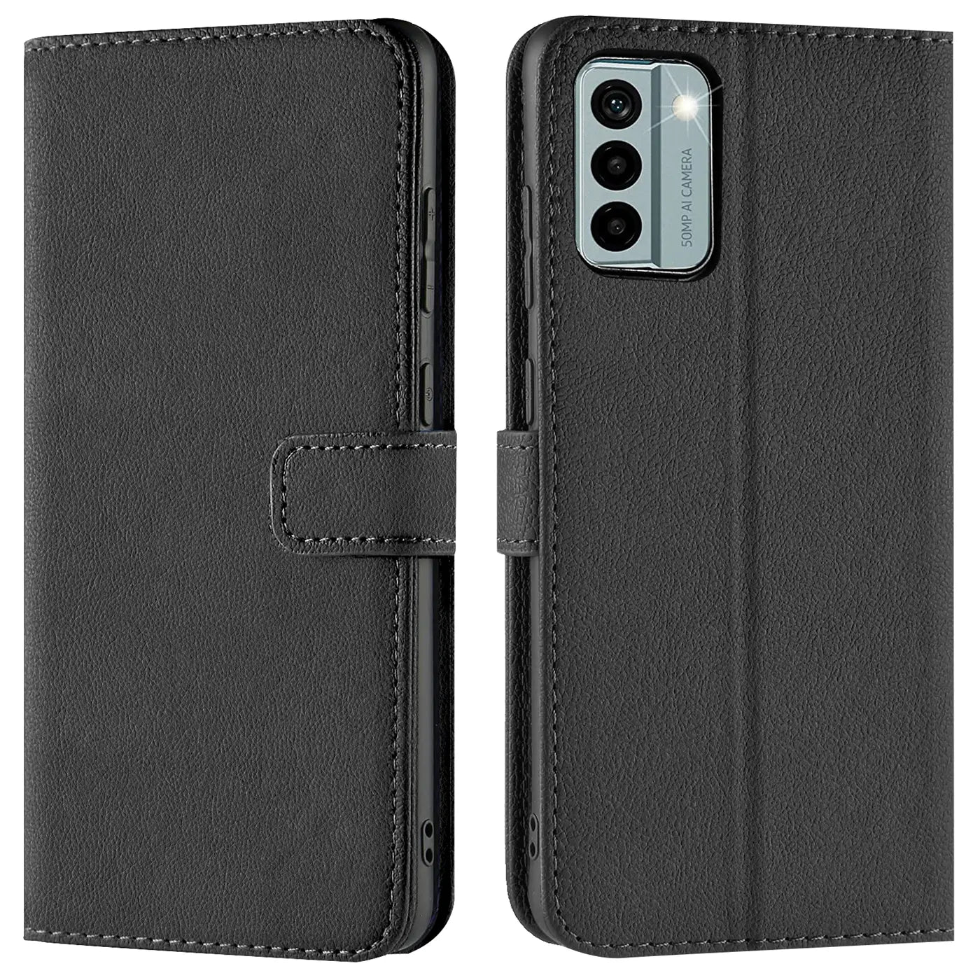 Schwarze Leder-Klapphülle mit Kartenfächern, Vorder- und Rückansicht, zeigt Nokia G22.