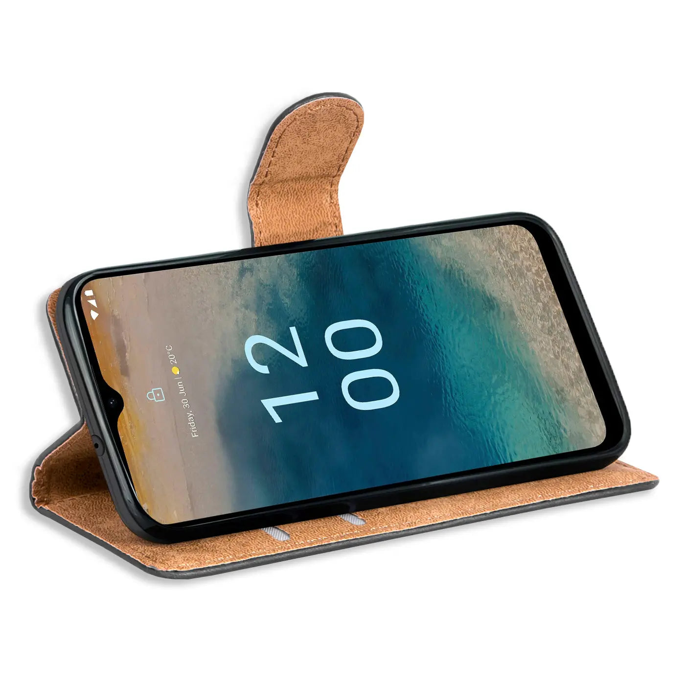 Braune Kunstleder-Klapphülle mit Kartenfächern, zeigt Nokia G22 von vorne.