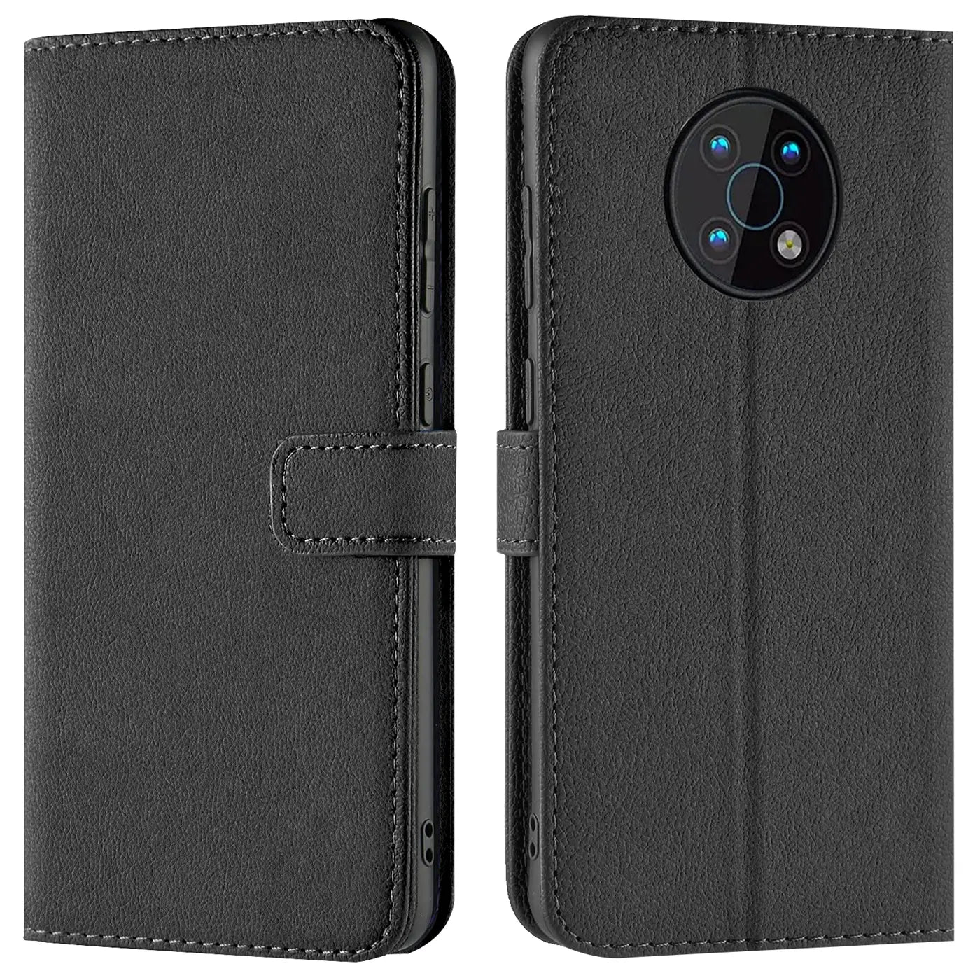 Schwarze Leder-Klapphülle für Nokia G50, Vorder- und Rückansicht.