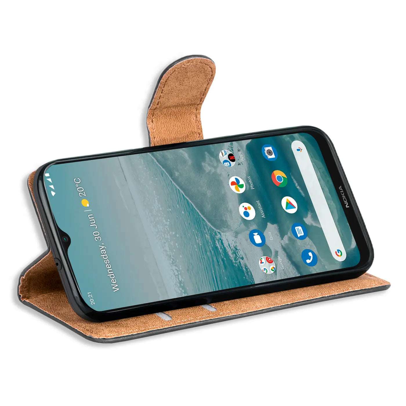 Braune Leder-Klapphülle mit Kartenfächern für Nokia G50, von vorne schräg fotografiert.