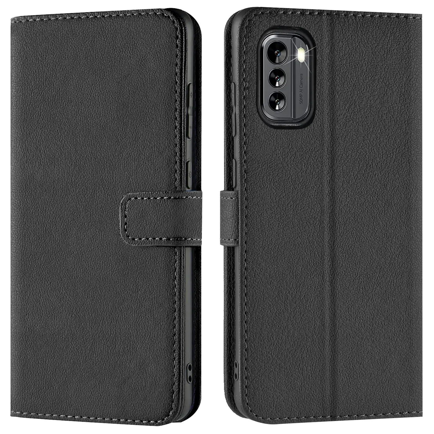 Schwarze Leder-Klapphülle mit Kartenfächern, Vorder- und Rückansicht, zeigt Nokia G60 5G.