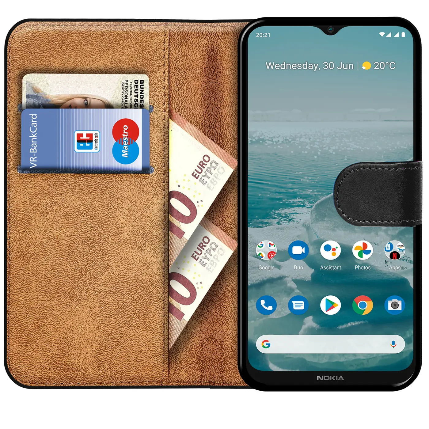 Braune Kunstleder-Klapphülle mit Kartenfächern und Geldscheinen, daneben Nokia G60 5G.