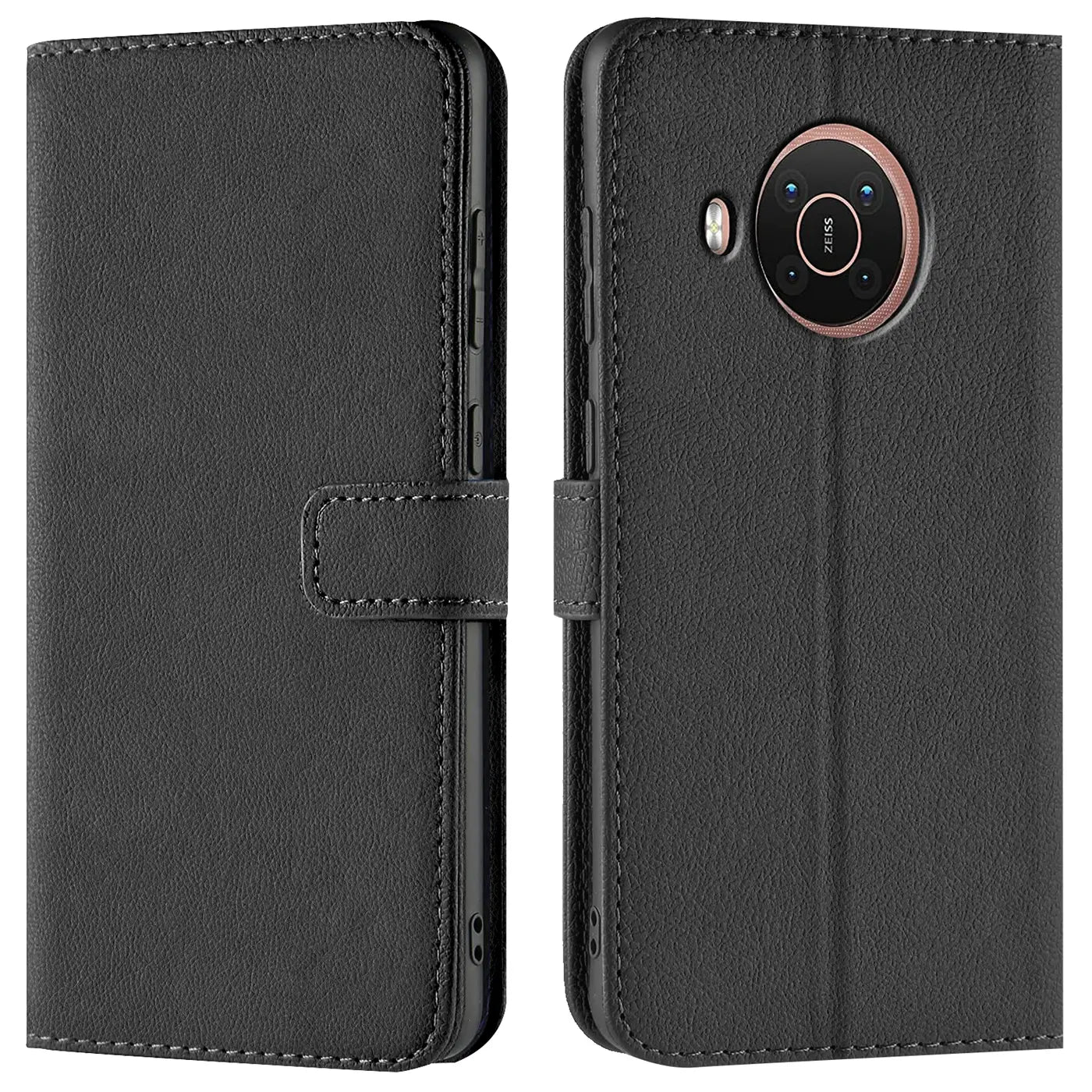 Schwarze Leder-Klapphülle mit Kartenfächern, Vorder- und Rückansicht, für Nokia X20/X10.