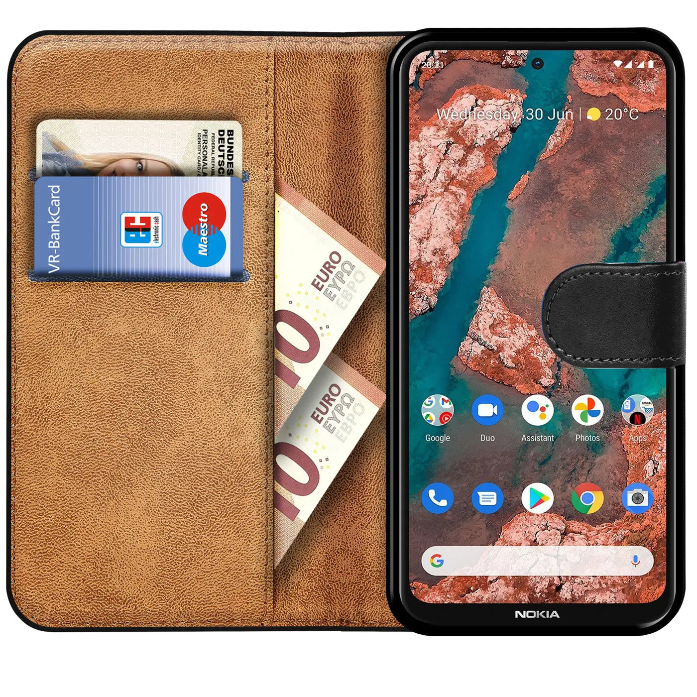 Braune Kunstleder-Klapphülle mit Kartenfächern und 10€-Scheinen, zeigt Nokia X20/X10.