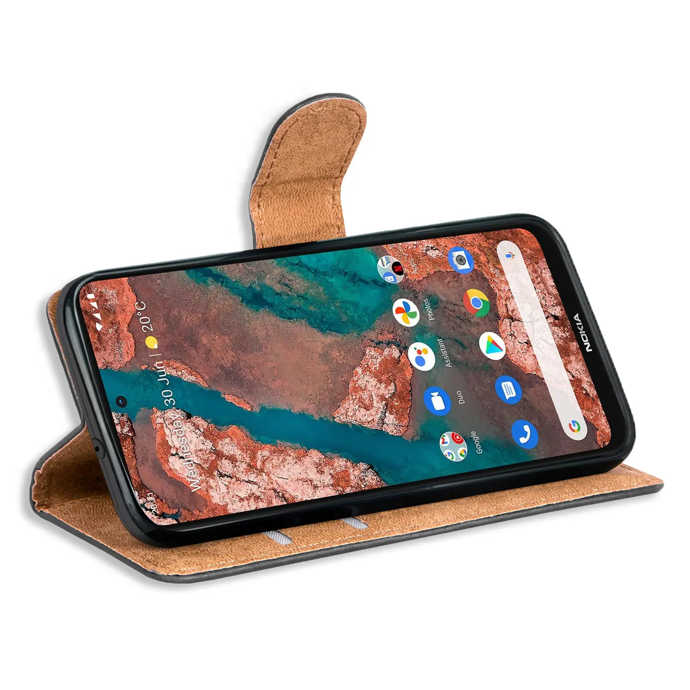 Braune Kunstleder-Klapphülle mit Kartenfächern, zeigt ein Nokia X20/X10 von vorne.