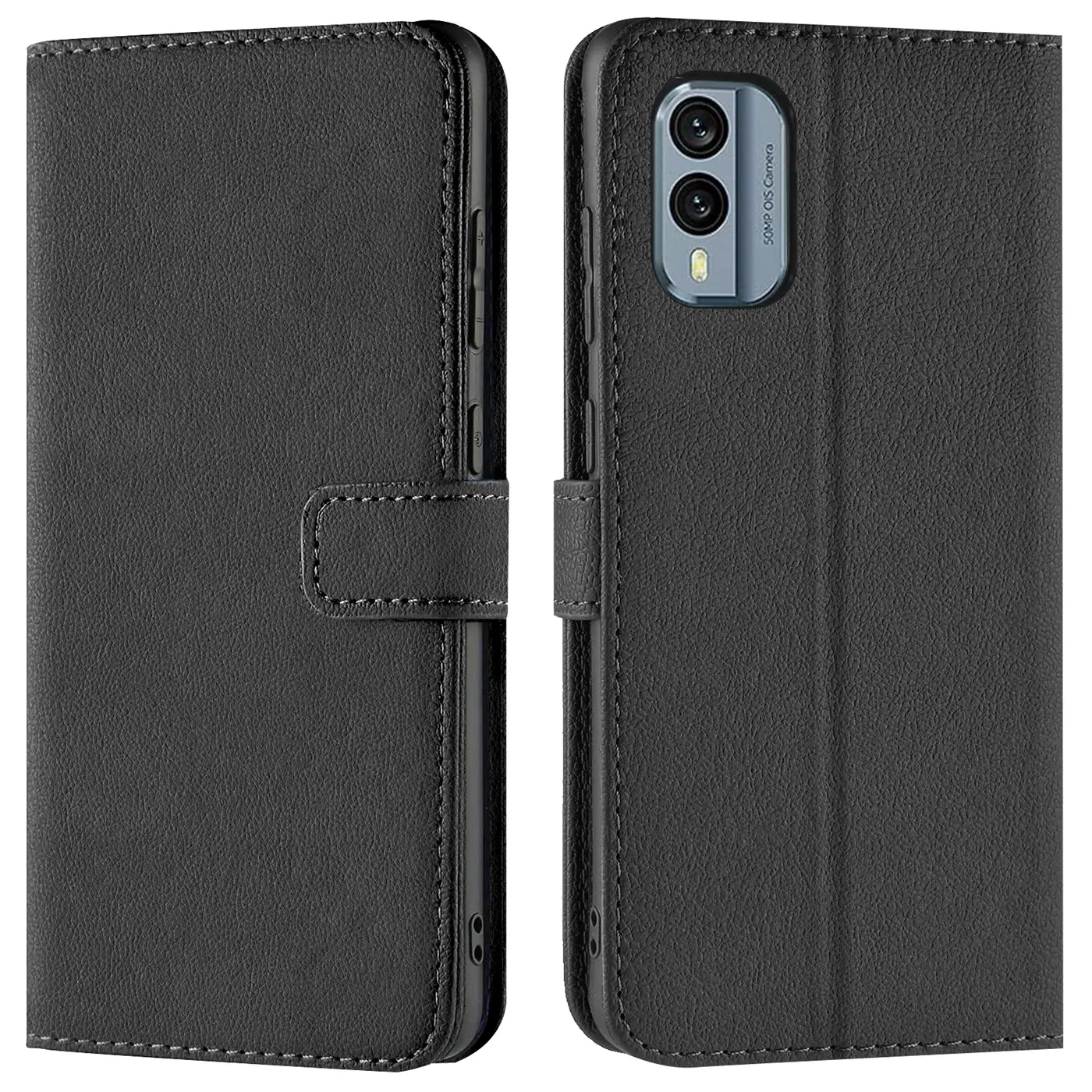 Schwarze Leder-Klapphülle mit Kartenfächern, Vorder- und Rückansicht, zeigt Nokia X30 5G.