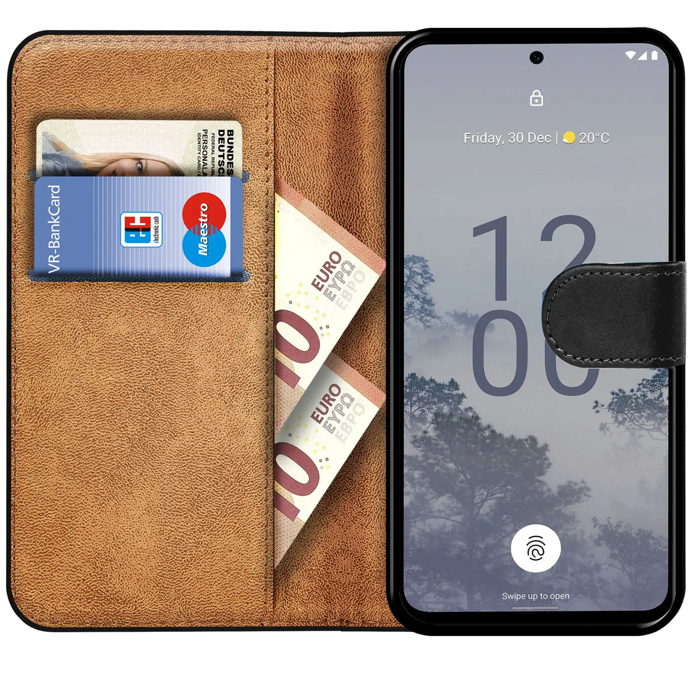 Braune Leder-Klapphülle mit Kartenfächern und Geldscheinen, zeigt Nokia X30 5G.